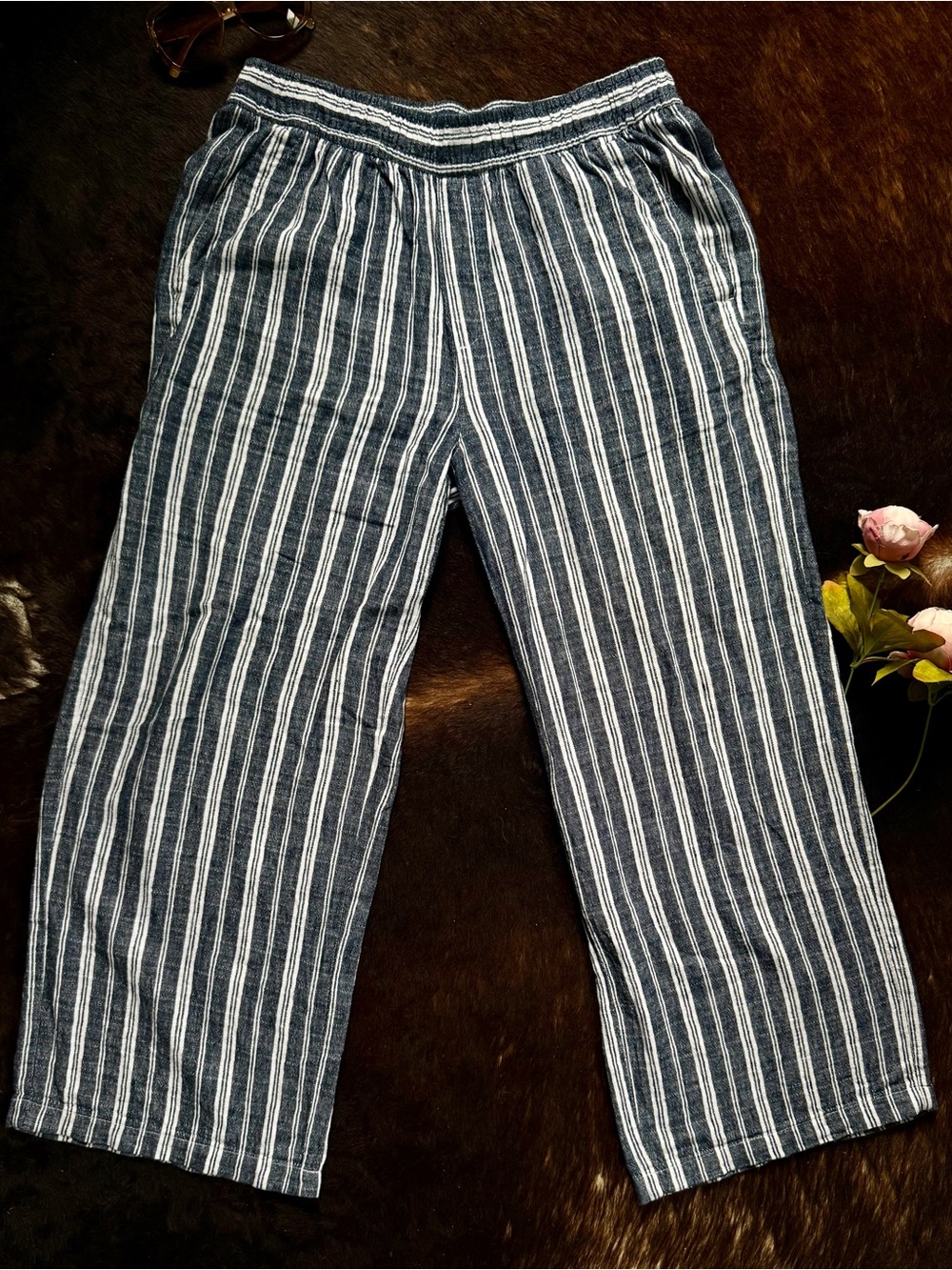Blue Gray White Striped Wide Leg Pull Coastal Relaxed Pant